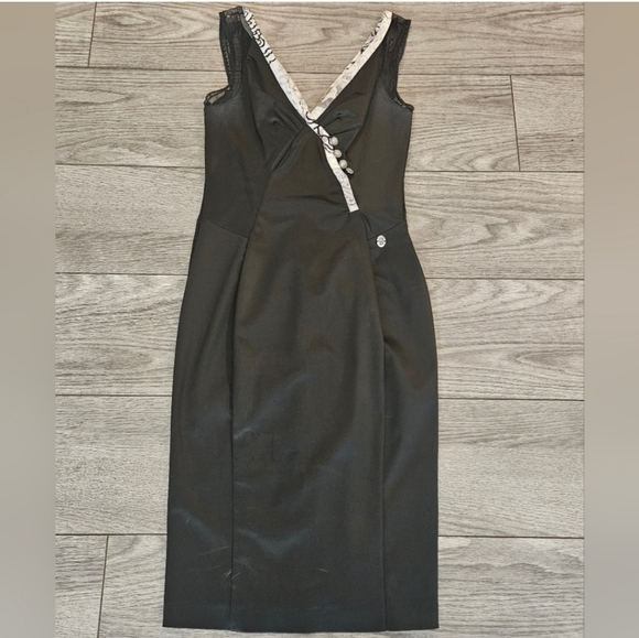 John Galliano Vintage Black Pencil Fitted satin sleevless V-neck Cocktail Dress - Picture 9 of 16